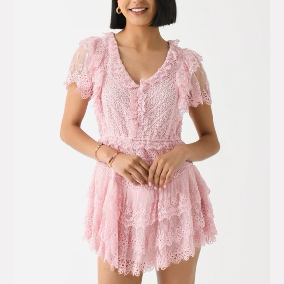 chinese dress ladies Sunshine Morning Crochet Lace Frill Trim Tied Back Lace Mini Dress Rose